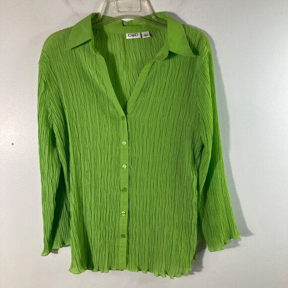 Cato Tops - Womens Cato Crepey‎ V Neck Button Shirt 3/4 Sleeve Green L Polyester